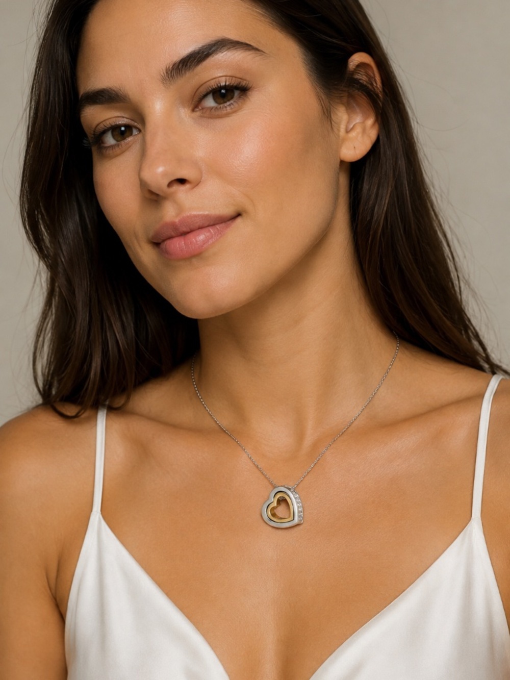 Stunning Two-Tone Interlocking Heart Pendant Necklace with Pavé Accents